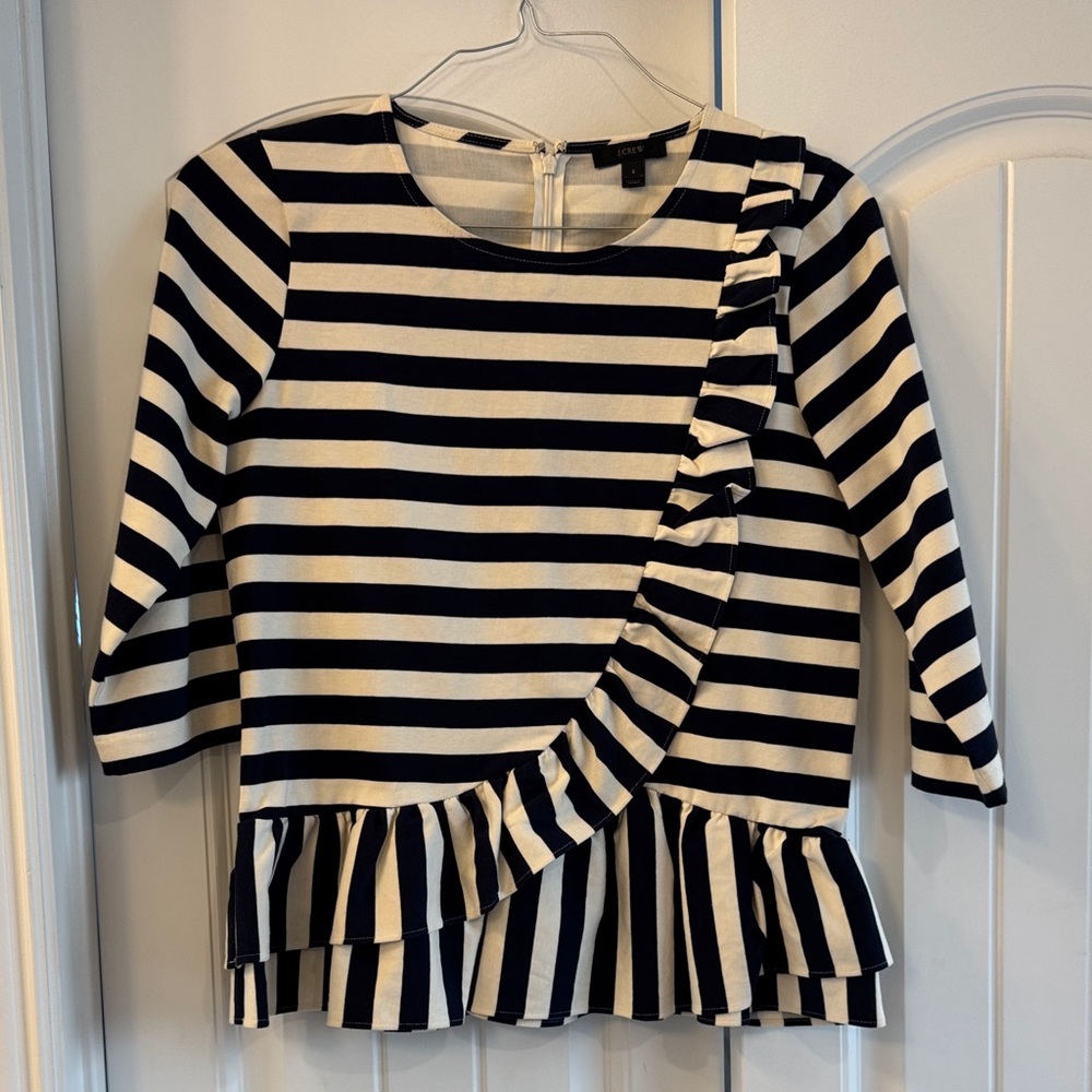 J Crew Striped Navy and White Ruffle Top